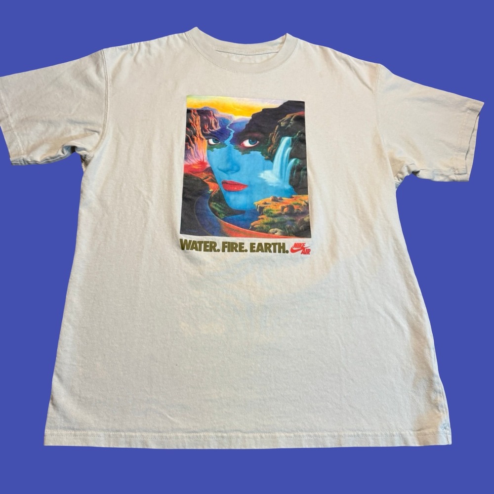 Nike Air Water Fire Earth T Shirt Mens M Beige Loose Fit Streetwear Graphic